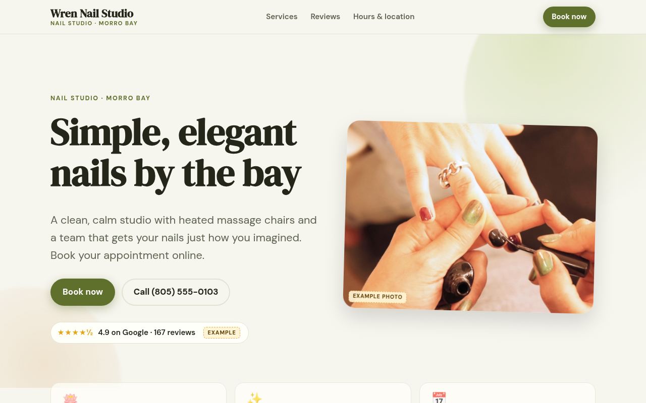 A calm nail salon site with online booking