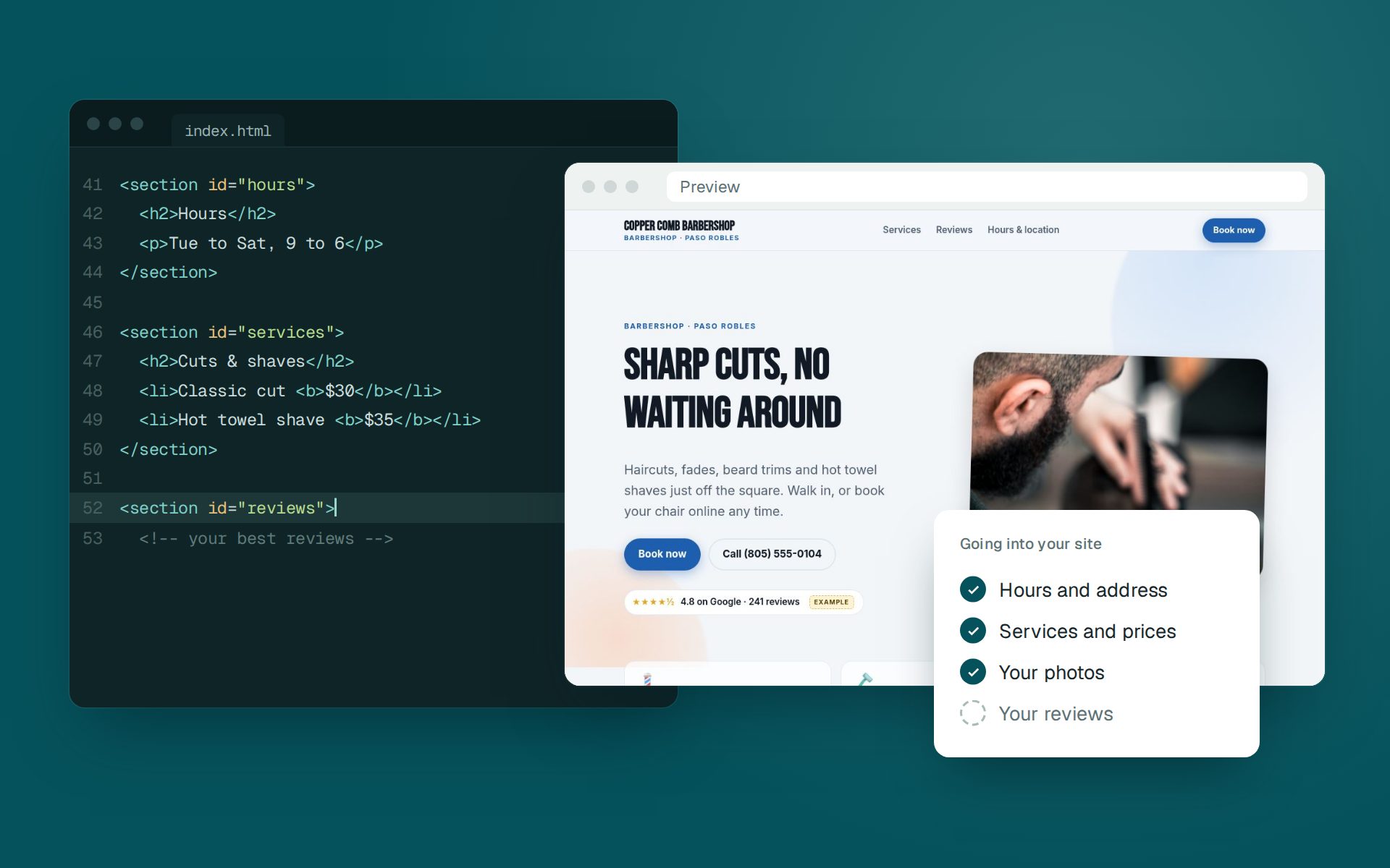 Code for a barbershop site next to a live preview, with hours, services and photos checked off