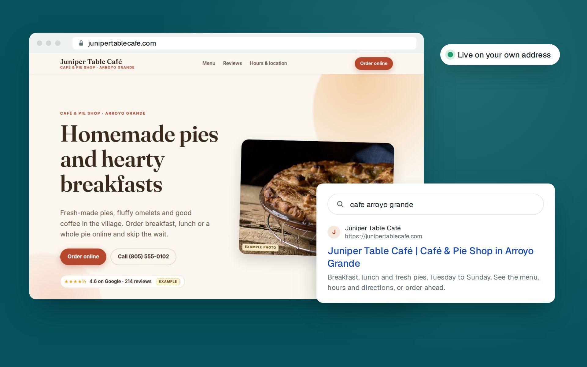 A café site open on its own web address, and the same café showing up in a search