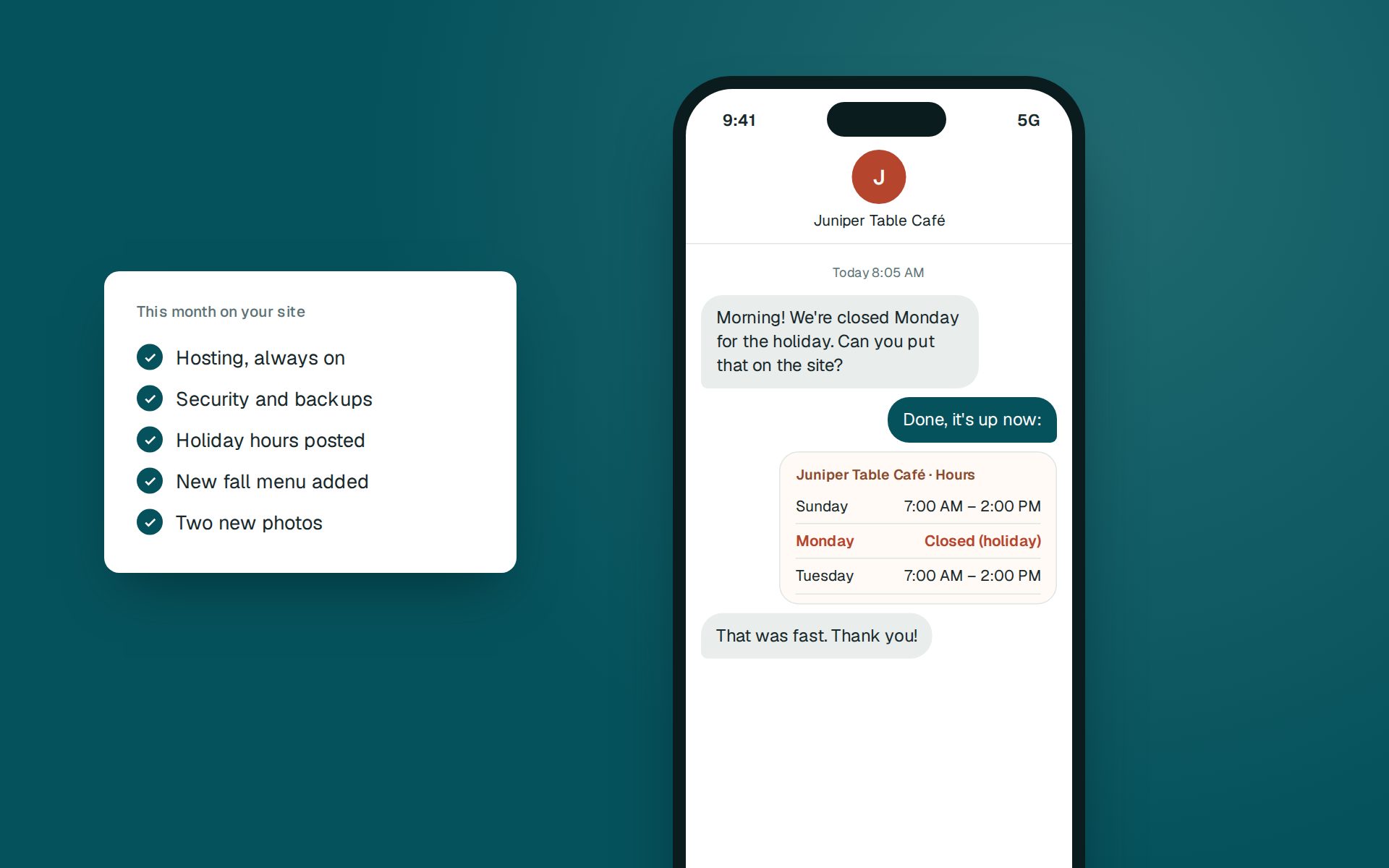 A café owner texting a holiday closure and the updated hours coming straight back, next to a list of this month's upkeep